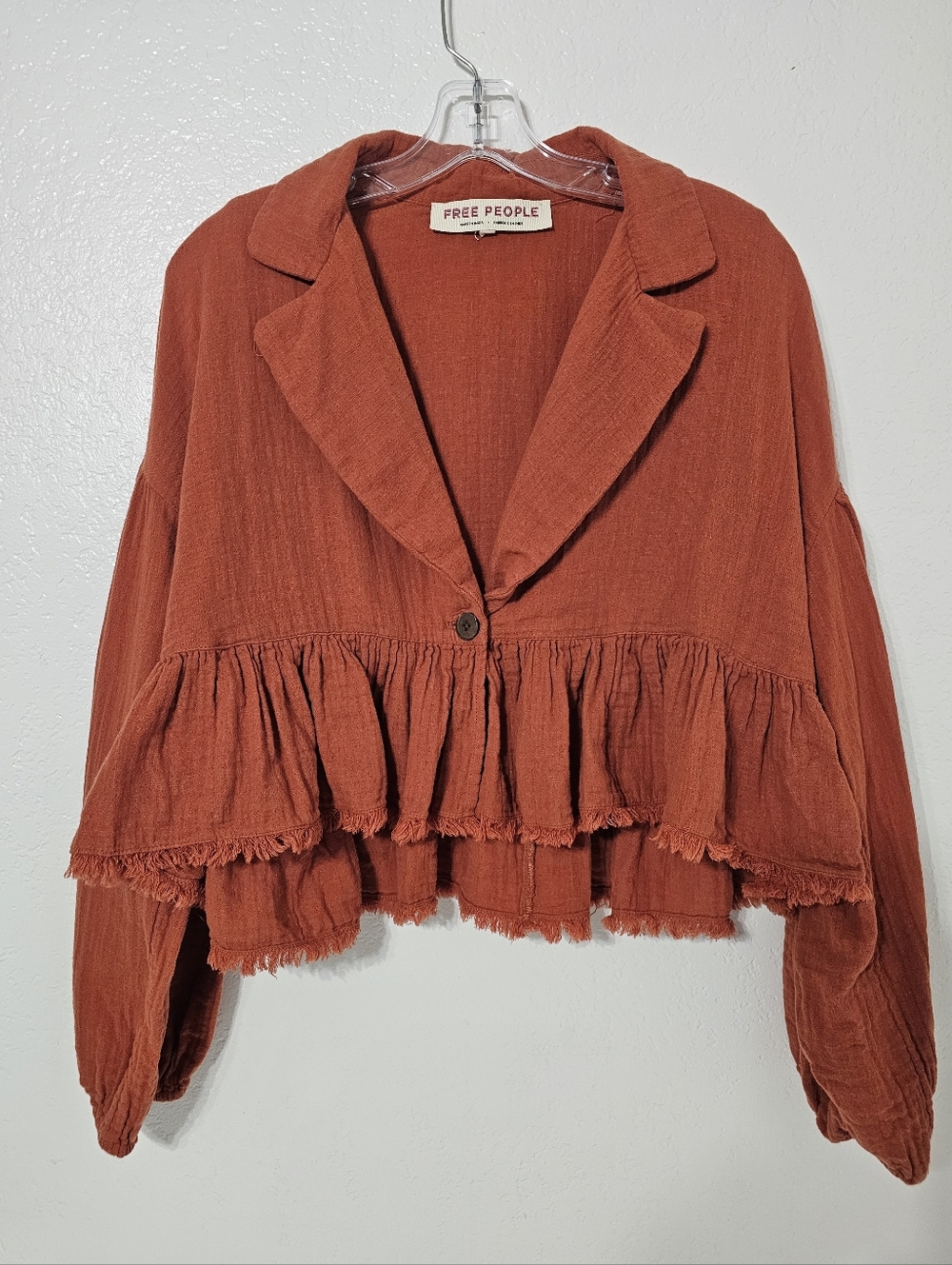 Free People Rust Orange Ruffle Crop Jacket Top XS Boho Cottagecore Cotton Gauze - Picture 2 of 8